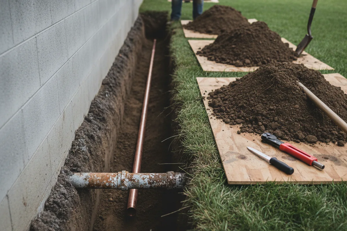 Excavated water line trench during Sewer Line Repair in Avon